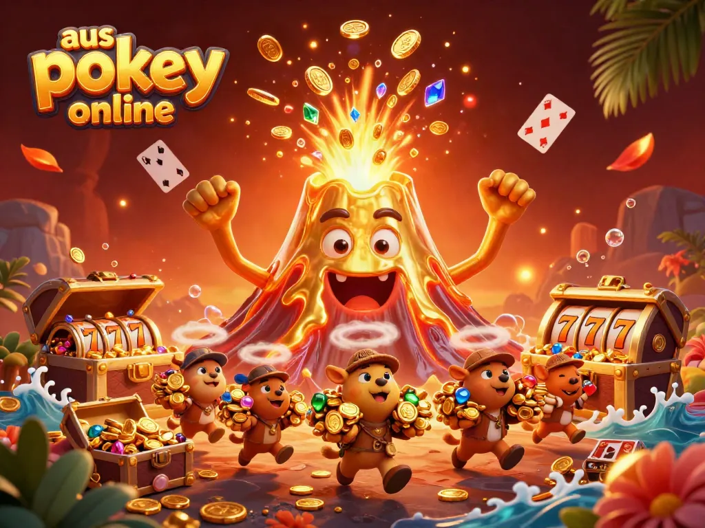 Experience the excitement of aus pokies online with vibrant 3D cartoon characters and a glowing volcano.