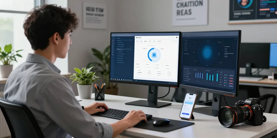 快连 application displayed on multiple screens in a modern workspace.