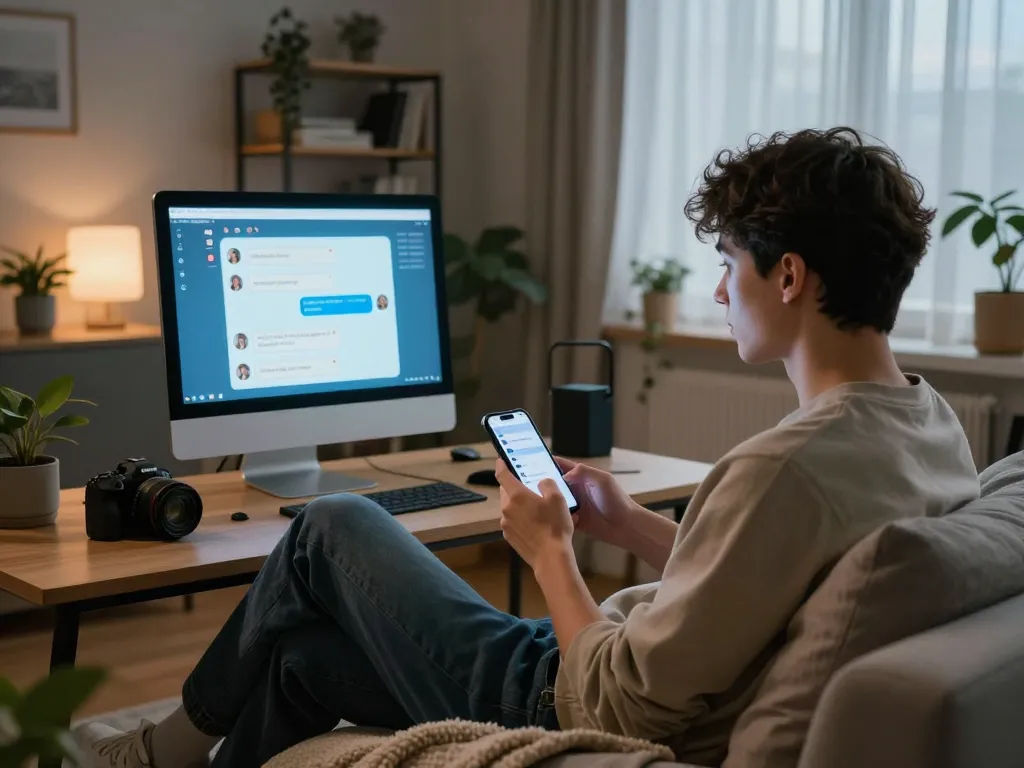 Engaging free ai sex chat scene featuring a user with AI companion in a cozy living room.
