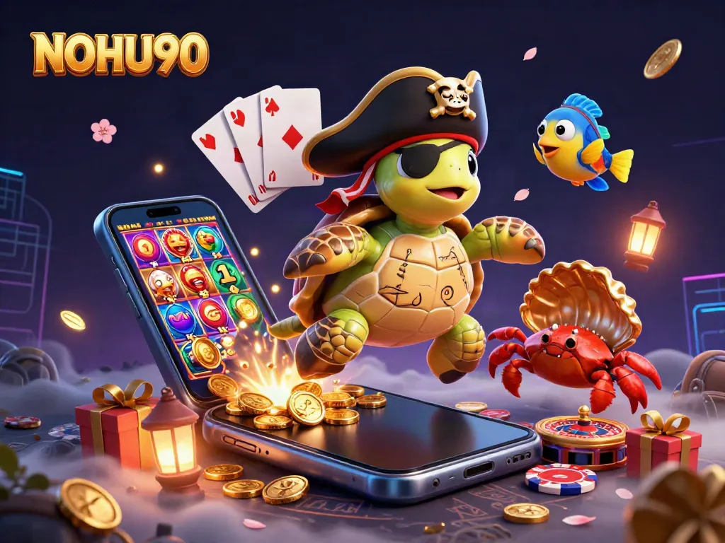 Engage with NOHU90's thrilling slot games depicted by the pirate turtle and vibrant casino elements.