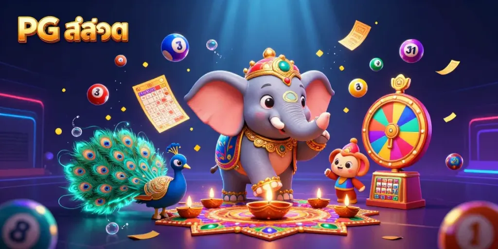 Engage in thrilling gameplay with PG สล็อต as the Diwali-themed elephant and peacock shine amid colorful lottery elements.