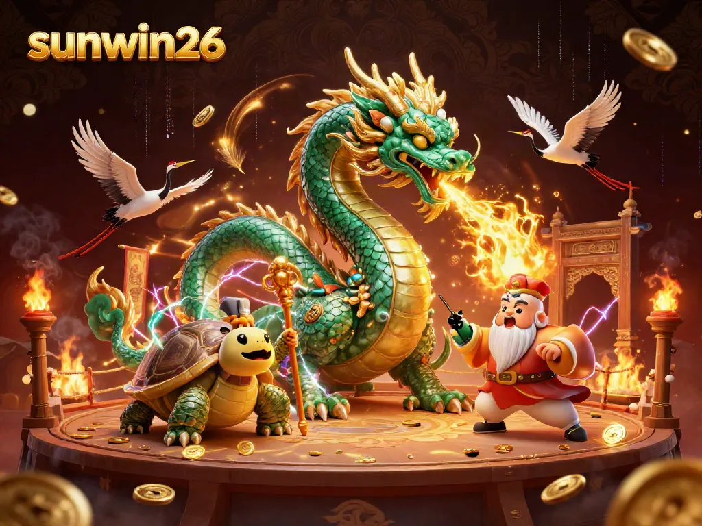 Experience thrilling gameplay with sunwin26 in a captivating casino-themed illustration featuring dynamic mythical characters.