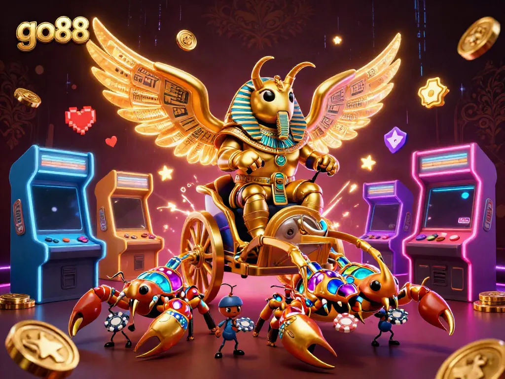 Engage in thrilling adventures with go88 as a colossal scarab rides scorpions through a vibrant casino world.