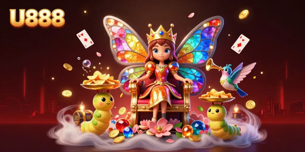 Play slots with charm at U888, featuring an enchanting butterfly queen and vibrant casino elements.
