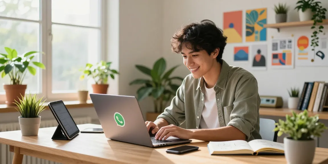 Person using WhatsApp網頁版 on a laptop in a vibrant home office, showcasing modern tech workspace.