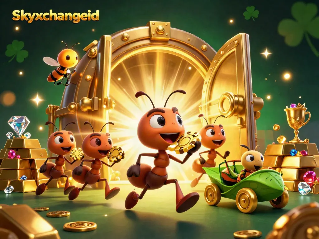 Join the skyxchangeid heist with ants carrying a massive golden poker chip amidst sparkling treasures.