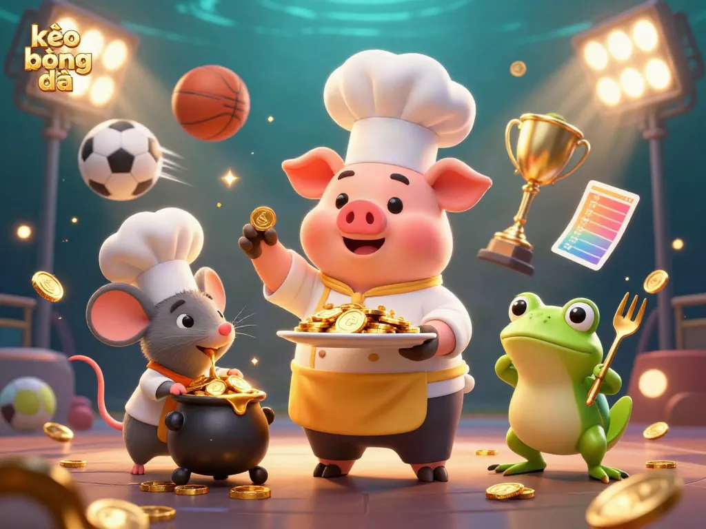 Engage with the dynamic world of kèo bóng đá through a vibrant scene of characters celebrating with gold coins and sports elements.