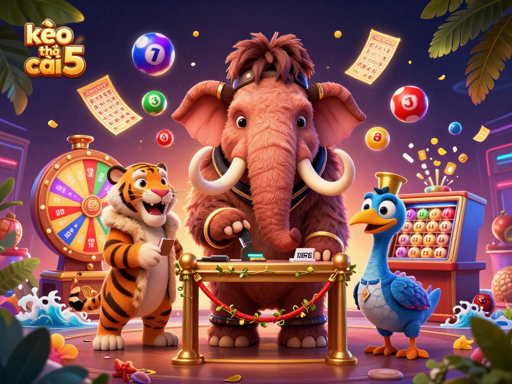 Engaging scene with kèo nhà cái 5 characters including a woolly mammoth bouncer and a saber-tooth VIP.