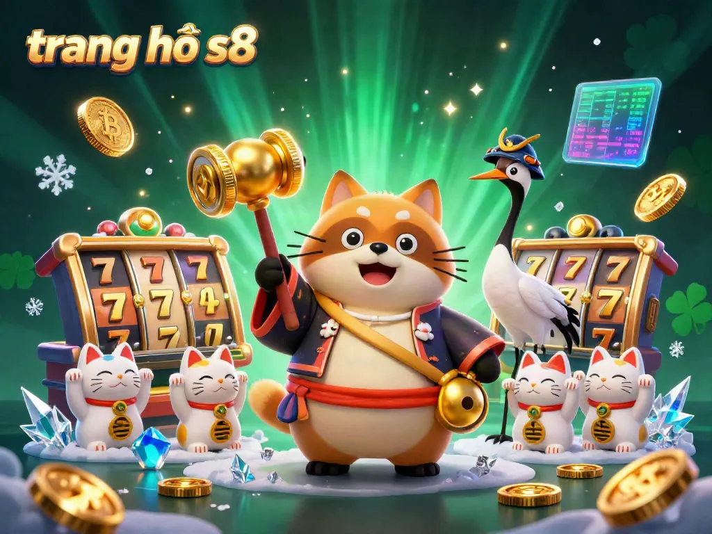 Experience the vibrant atmosphere at trang chủ s8 with a cheerful tanuki and lucky symbols amidst slot reels.