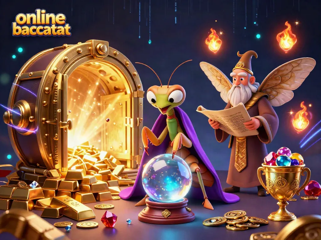 Engage in online baccarat with mystical characters, treasures, and vibrant casino elements.