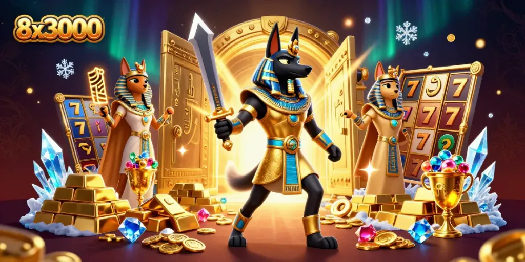 Experience the vibrant excitement of gambling with 8x3000, showcasing Anubis and Bastet among golden treasures.