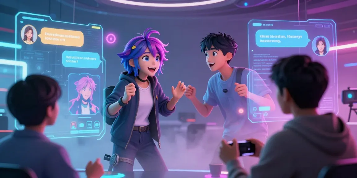Engaging ai ecchi chat scene with animated characters in a vibrant digital chat room.
