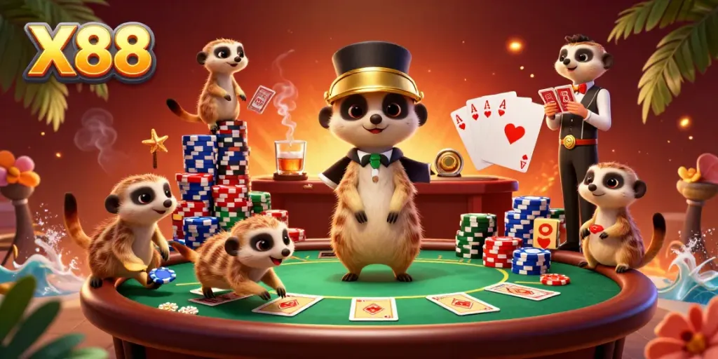 X88 showcases a lively meerkat casino operation with card dealing meerkats and poker chips