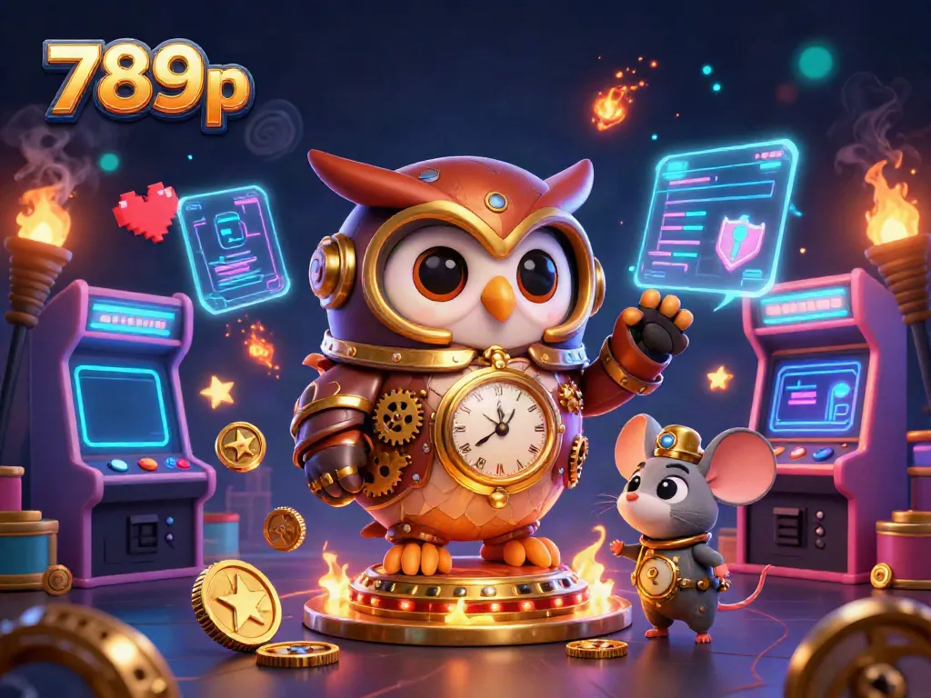 Engage in thrilling gameplay at 789p with a vibrant scene showcasing a time-traveler owl and steampunk elements.