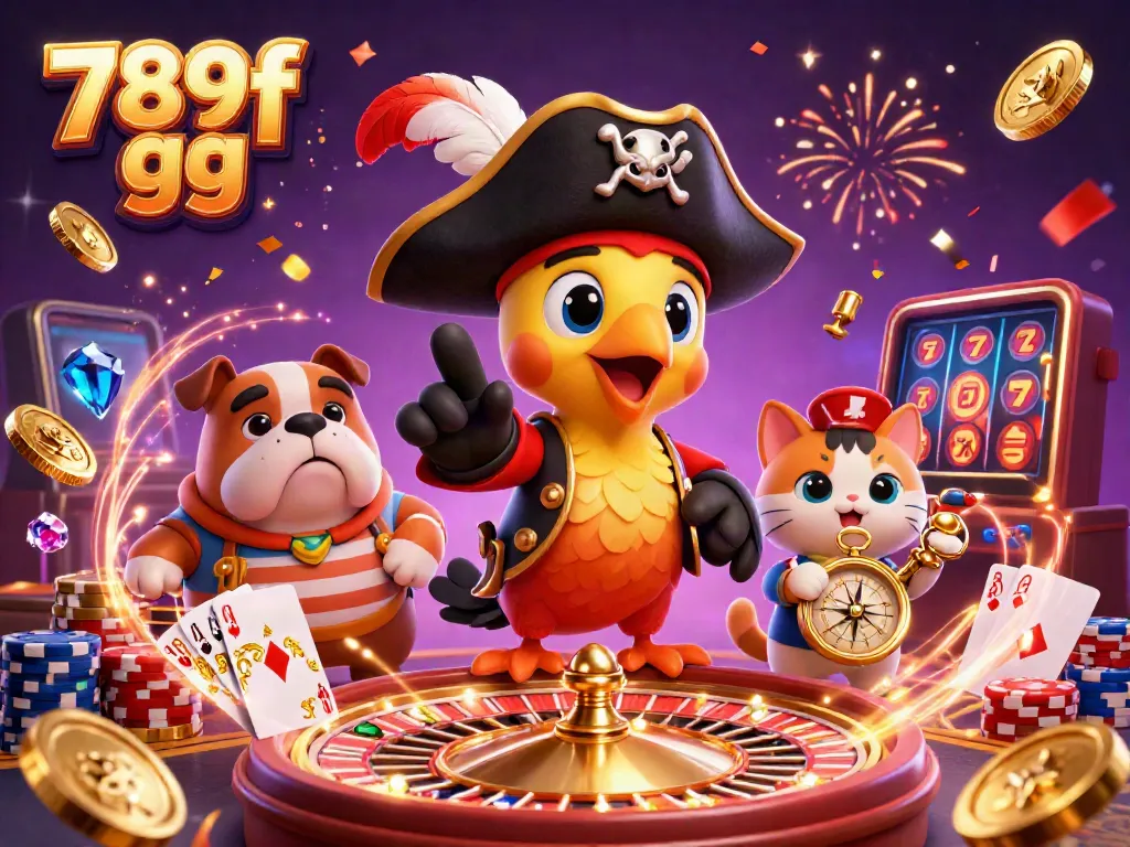 Experience excitement with the 789f gg pirate captain, dog, and cat amidst cascading coins and gaming elements.