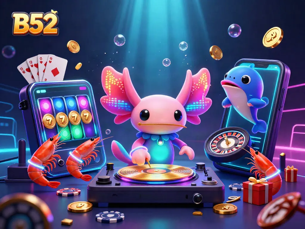 Engage with vibrant B52 thematic gambling scene featuring a neon axolotl DJ and exciting casino elements.