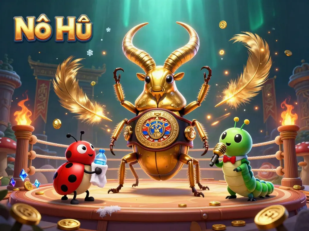 Engage in Nổ Hũ with a thrill-filled 3D illustration of a golden stag beetle champion amidst a vibrant casino arena.