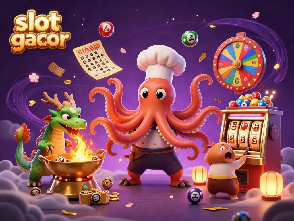 Exciting scene of slot gacor with cartoon octopus chef, dragon, and tanuki at a lively casino.