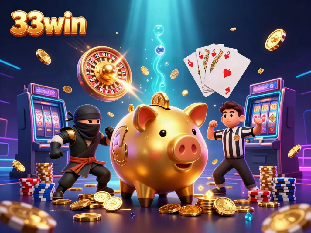 33win users win big with a dynamic scene featuring a golden piggy bank sumo wrestling amidst shimmering coins and vibrant casino elements.