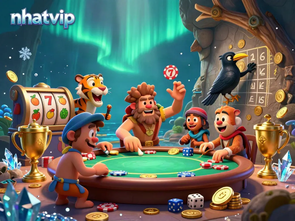 Nhatvip immersive play with a caveman, sabertooth tiger, and crow in a historic casino.