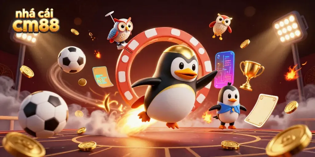 Experience thrilling action with nhà cái cm88, where a golden penguin ignites excitement in a casino space