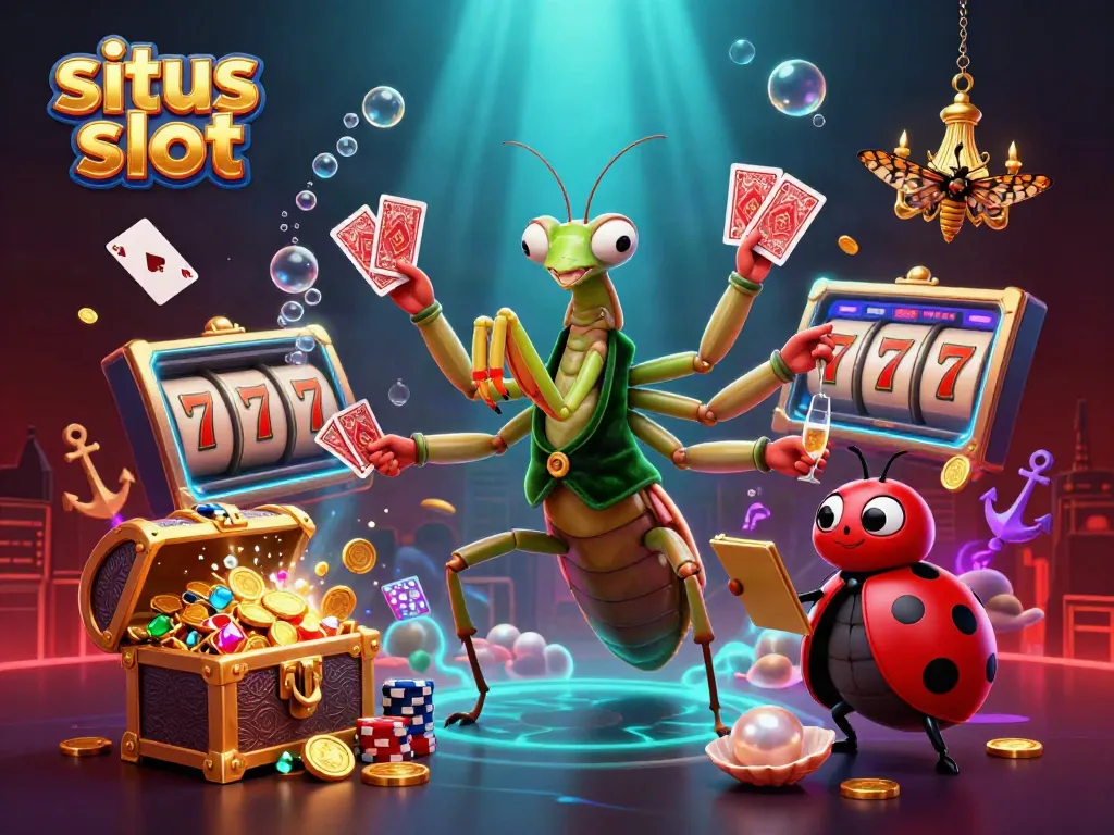 Experience thrilling situs slot action with a vibrant scene illustrating a giant praying mantis card sharp and ladybug pit boss surrounded by colorful slot elements.