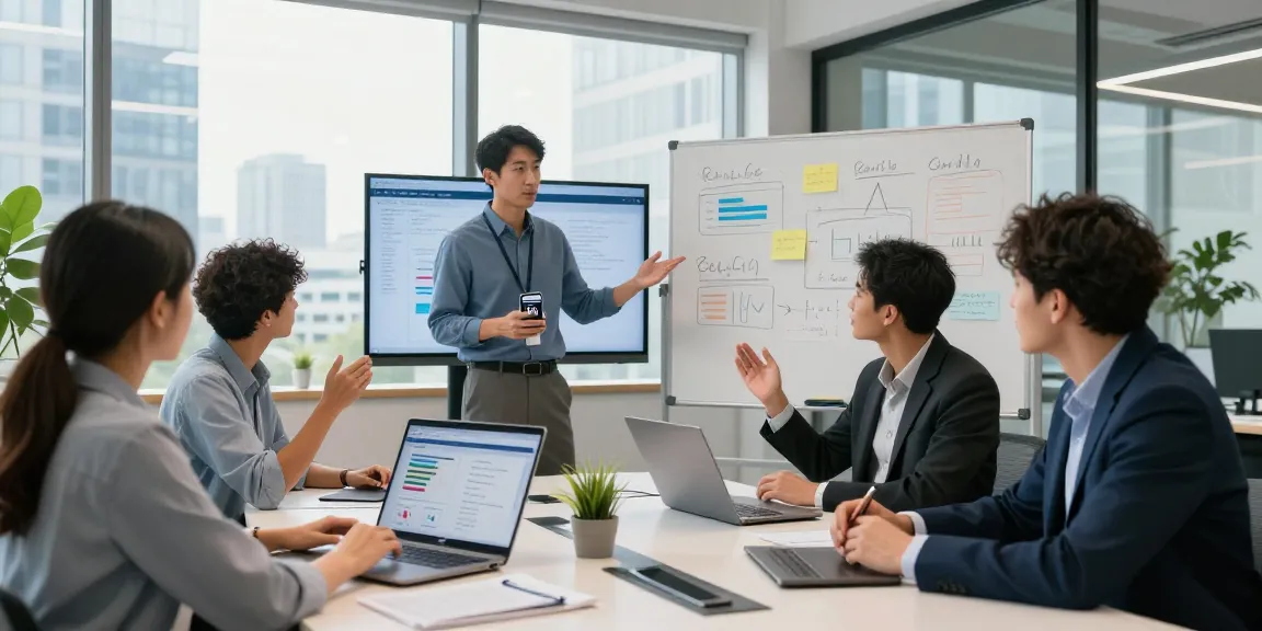 Team discussing business mobile contracts UK in a modern office setting with engaging presentations and collaborative atmosphere.