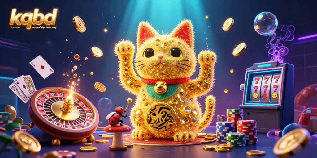 KQBD truc tuyen cap nhap hom nay showcases a golden cat and beetle conductor amid dynamic casino symbols, coins, and cards.