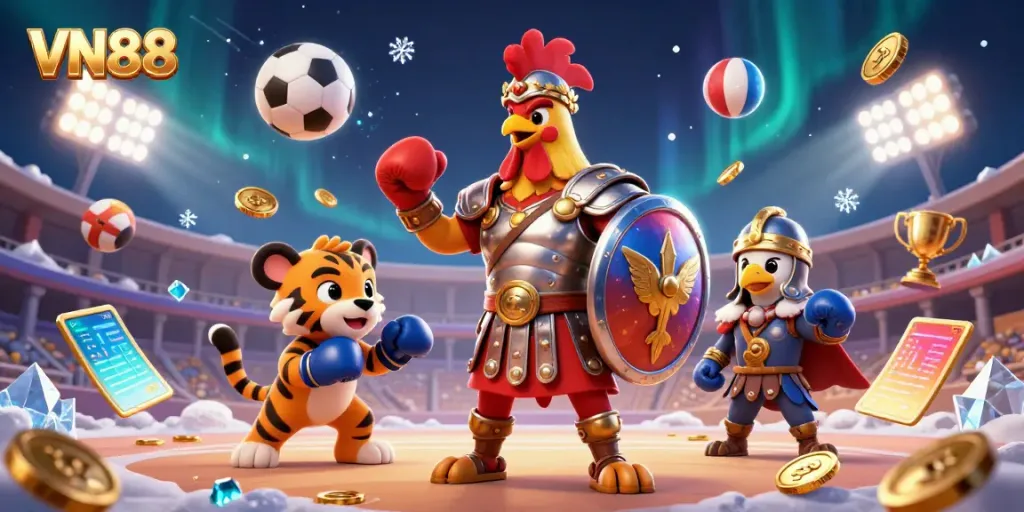 Engage with VN88's exhilarating live casino experience featuring vibrant characters and dynamic gaming elements