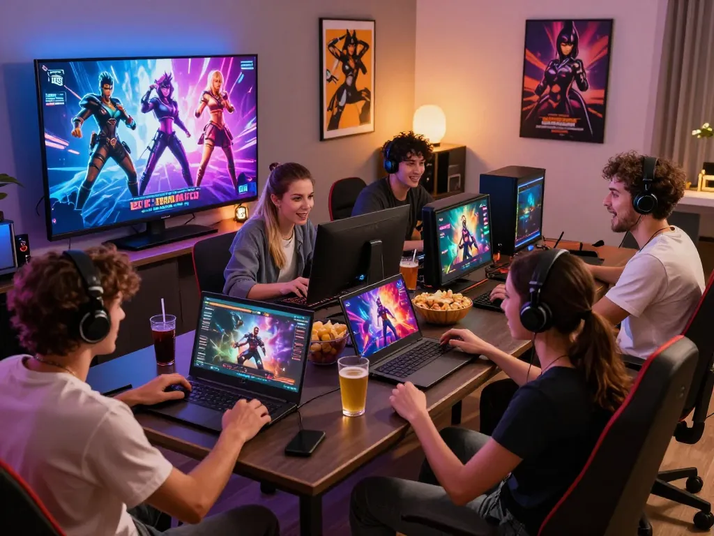 Engaged adults playing diverse game sex on various devices in a lively gaming atmosphere.