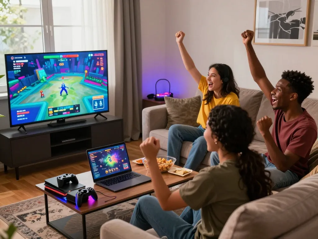 Friends enjoying html porn games together in a lively living room, showcasing a social gaming atmosphere.