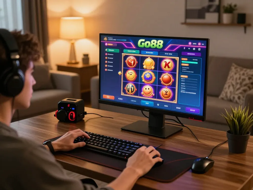 Player engaging with Go88's online slots game in a cozy home setting, highlighting the immersive experience.