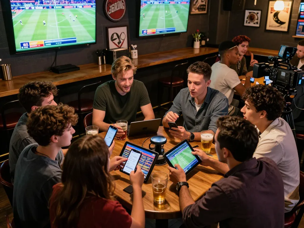 Friends celebrating sports betting excitement at MM88, checking odds on smartphones and enjoying a vibrant atmosphere.