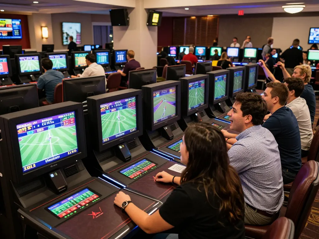 Betting on Vipwin enhances live sports excitement with joyful patrons at a casino.