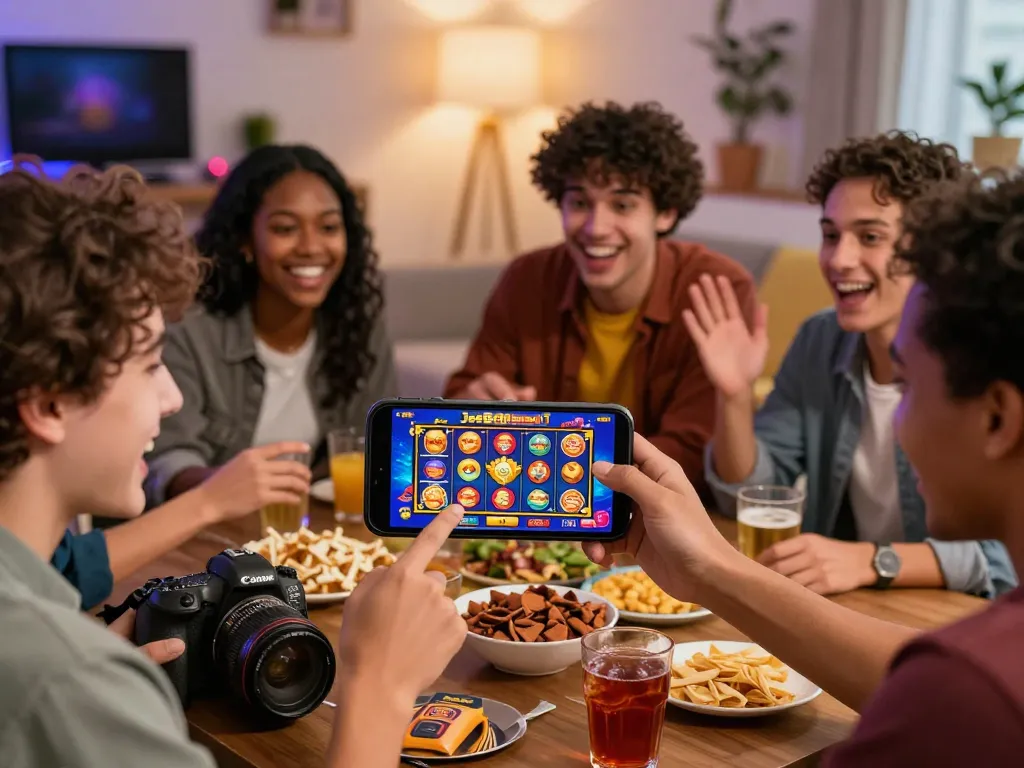 Friends enjoying JeetBangla Slot on a smartphone, showcasing an exciting online gambling atmosphere.
