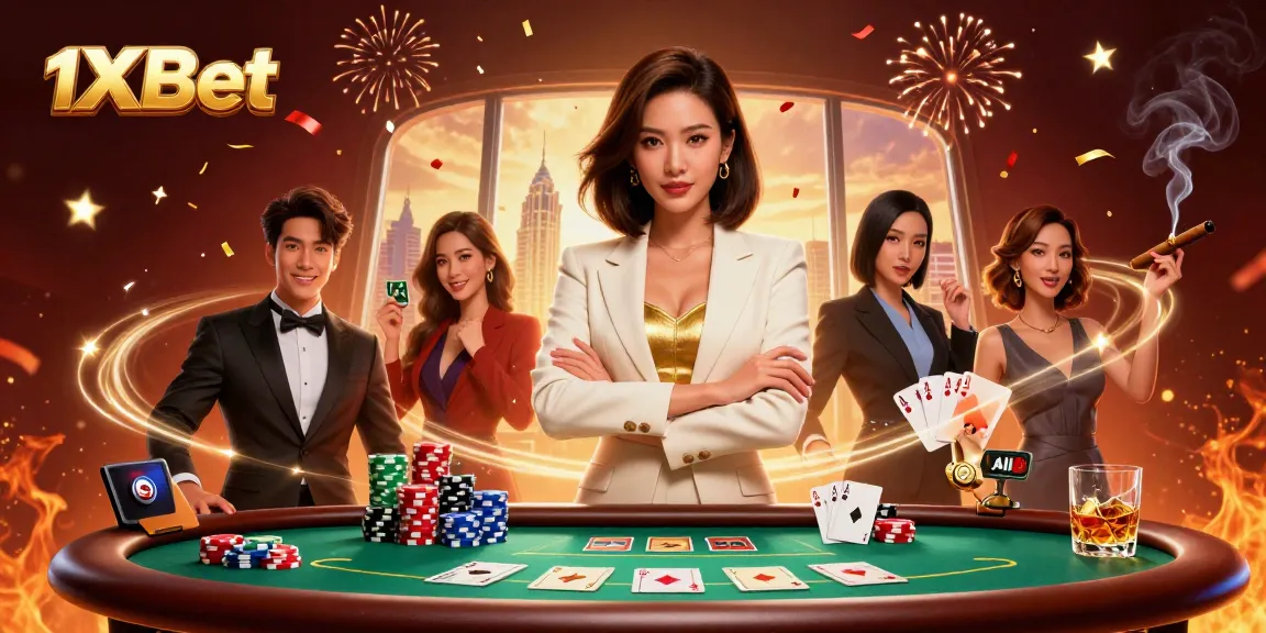 Bet big with 1xBet featuring a powerful businesswoman and rich poker elements in an elegant scene.