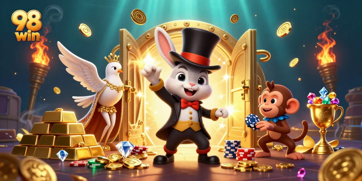 Experience the magic of 98 win casino with a rabbit, dove, and monkey in a treasure-filled scene.