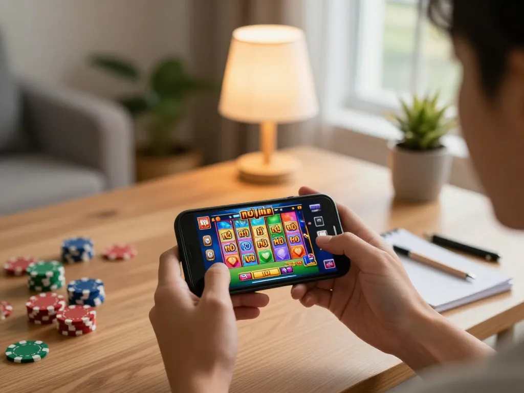 Engaging player spins nổ hũ game on smartphone, showcasing vibrant casino graphics in a cozy atmosphere