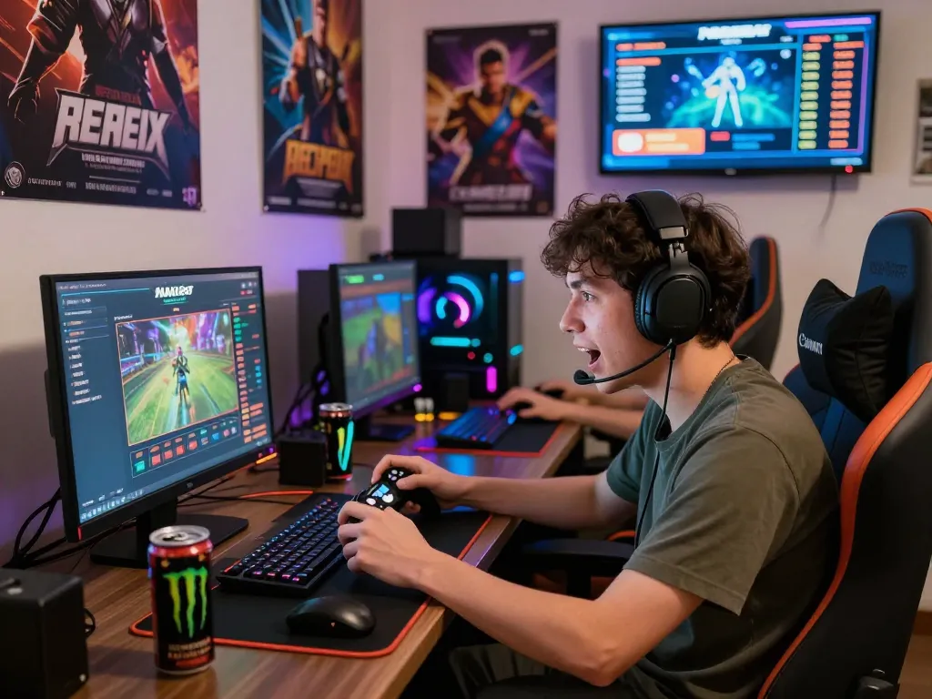 Engaged gamer focused on online betting with MM88 platform, colorful accessories and RGB ambiance.