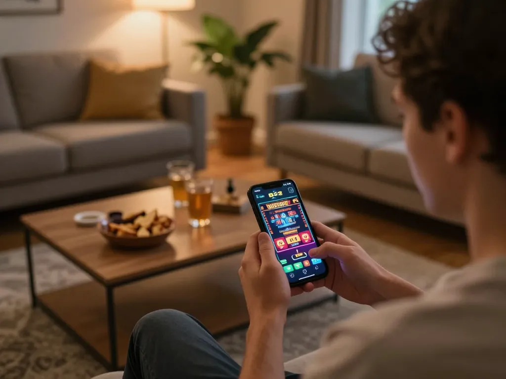 Player enjoying intense gaming action on the B52 app with smartphone, captivating home setup ambiance creating fun.