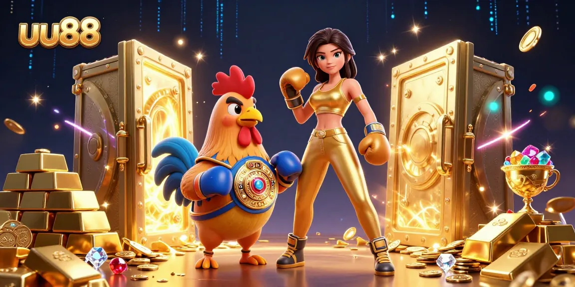 uu88 provides a vibrant casino experience featuring a powerful woman and champion rooster amidst gold treasures.