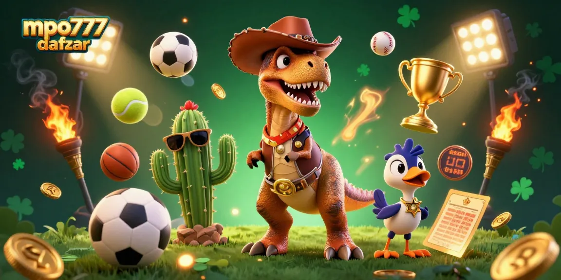 Bet on big wins with mpo777 daftar as a dynamic cowboy dinosaur and friends celebrate sports betting.