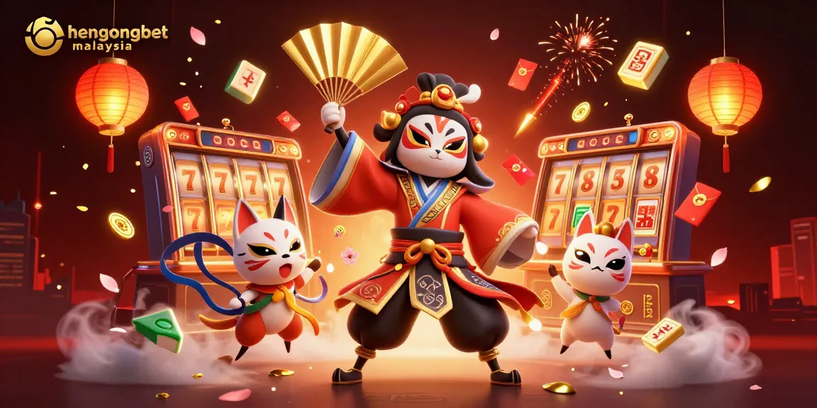 Experience excitement at hengongbet malaysia with a 3D casino scene of kabuki warriors and slot games.