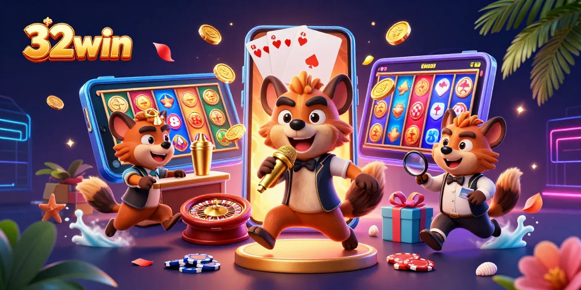 Experience thrilling games and laughter at 32win's vibrant casino featuring hyenas and exciting gaming elements.