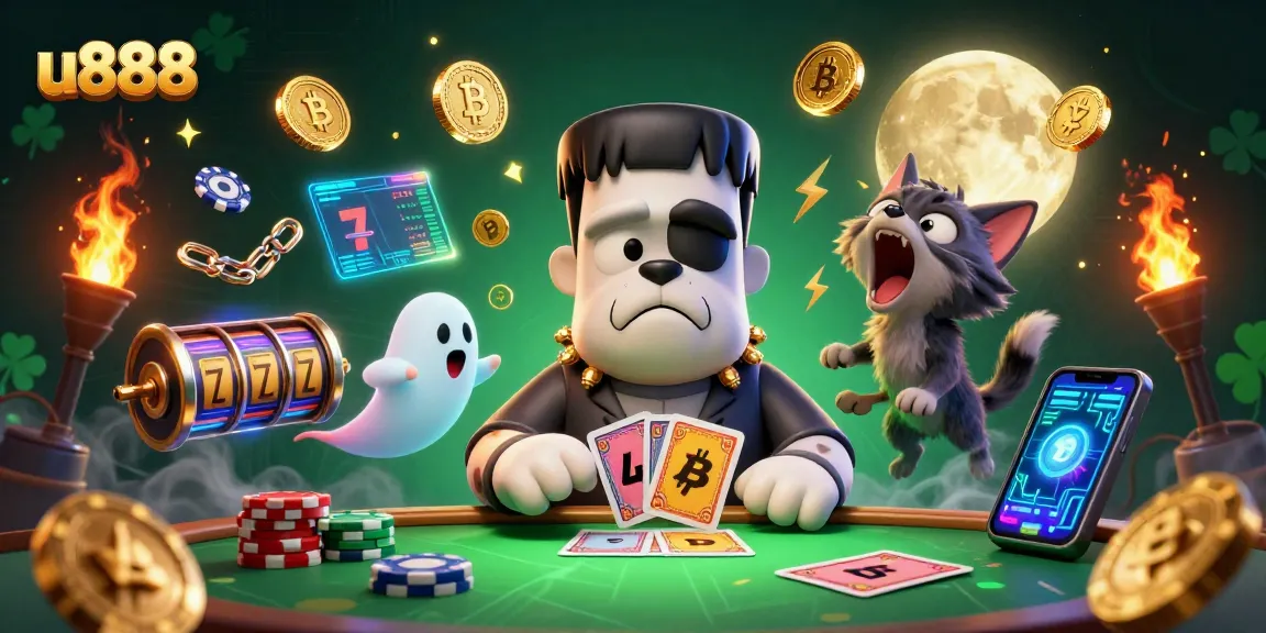 Engage in thrilling slots action with u888's 3D cartoon illustration of a Frankenstein bulldog dealer.