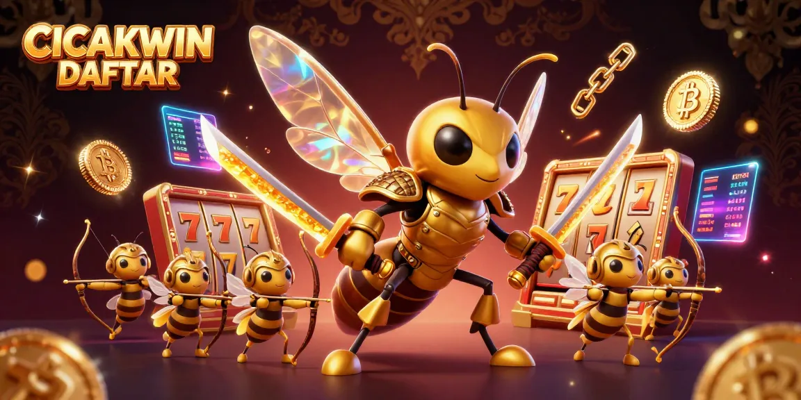 CICAKWIN DAFTAR showcases a vibrant slot game scene with unique characters and crypto elements.