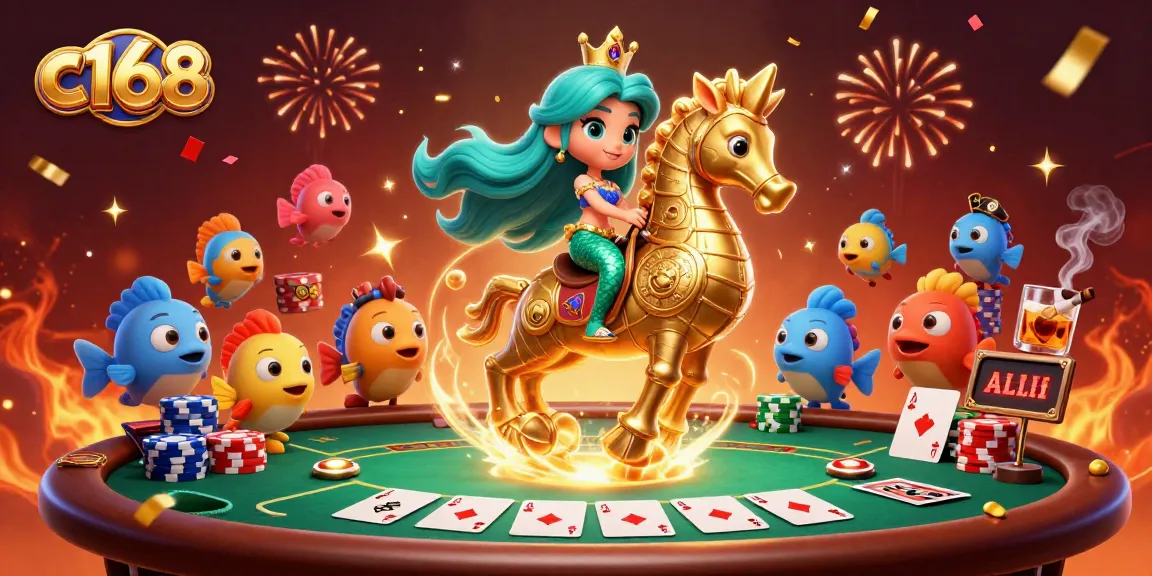 Engage with c168's vibrant poker scene featuring a mermaid princess and seahorse amid colorful casino elements.