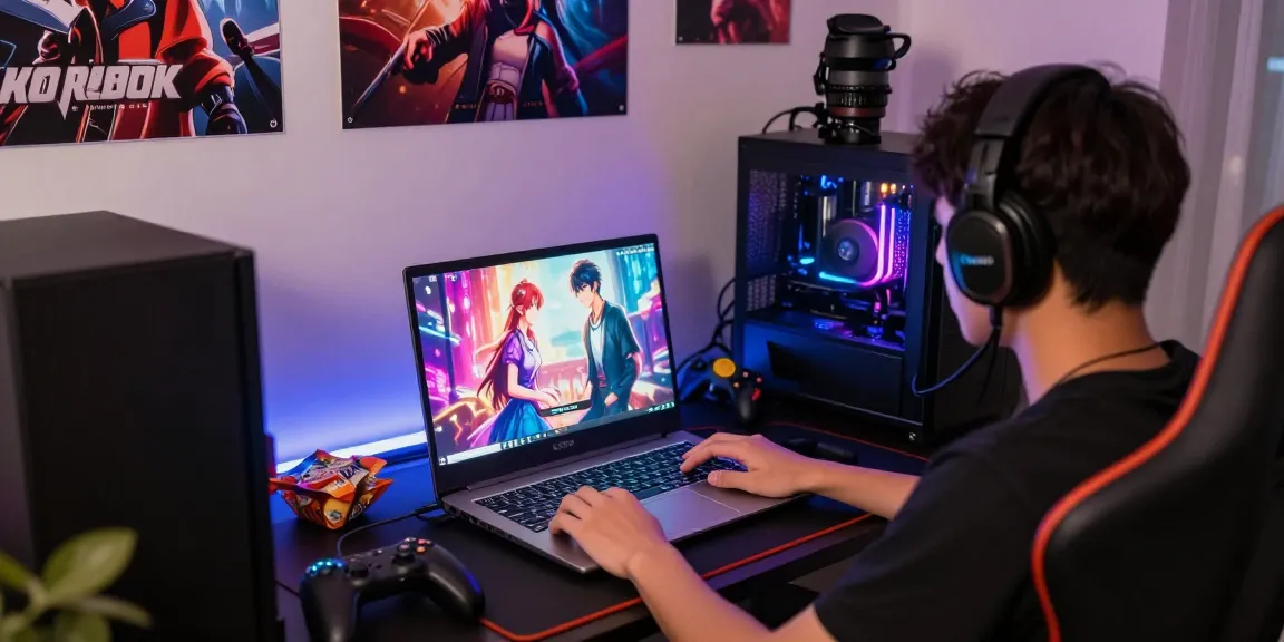 Immersive player enjoying free hentai games on laptop in vibrant gaming setup