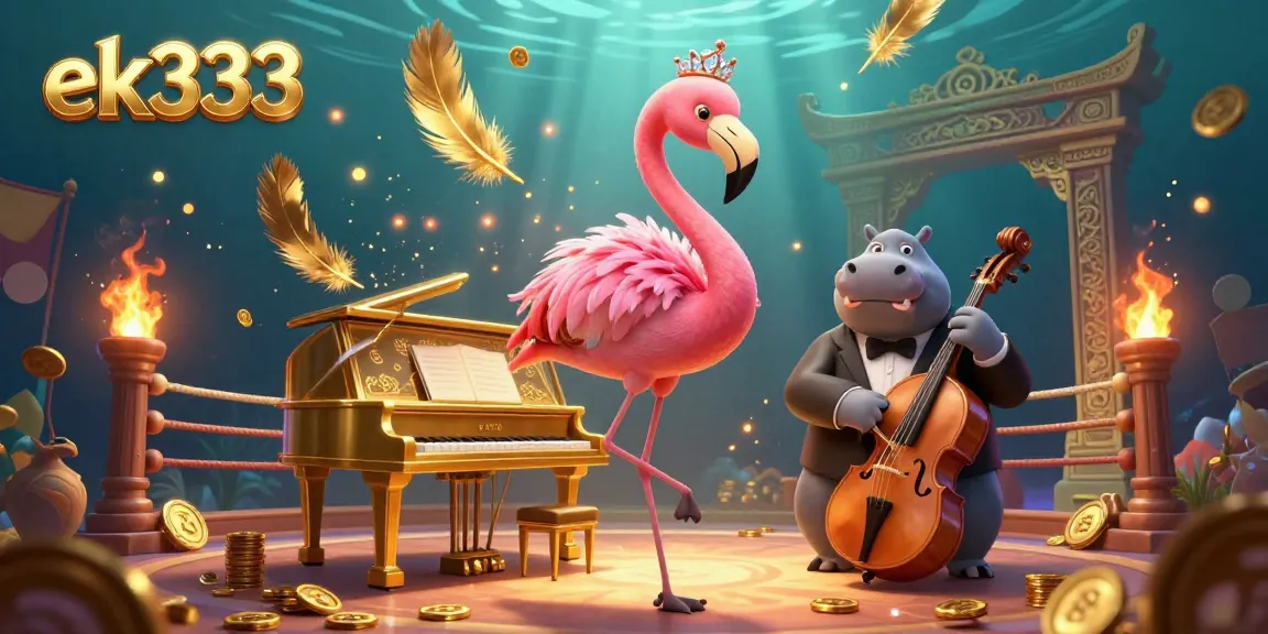 Experience the glamour of ek333 casino gaming with a vibrant 3D scene of a flamingo singer and hippo bassist.