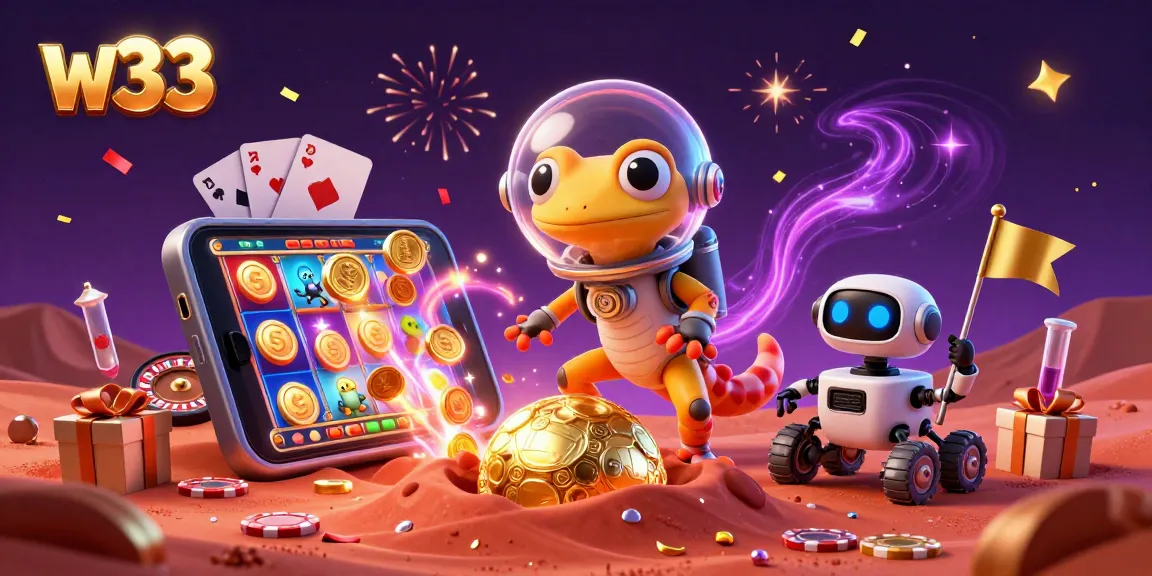 Experience w33 gaming excitement with a Martian gecko exploring a golden casino scene.